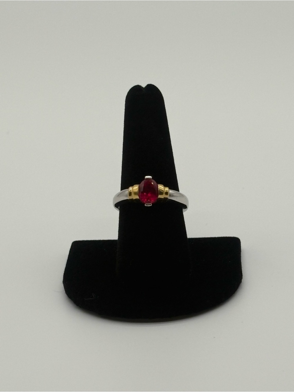 Silver Red Oval Stone Ring Gold Accents Size 9 Women Jewelry